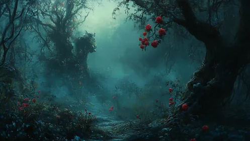 Enchanted Forest Grotto with Red Roses.