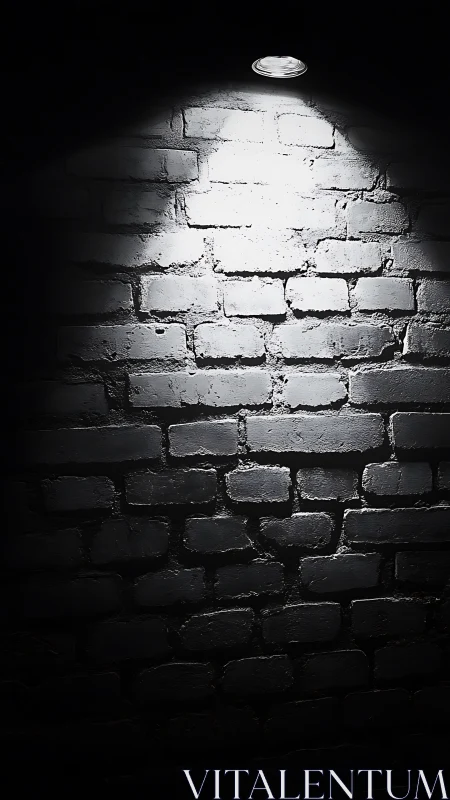 Single overhead spotlight isolates textured brick wall surface