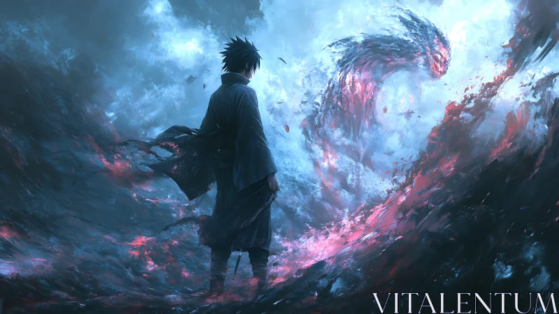 Lone warrior commands stormlit spectral dragon vortex.