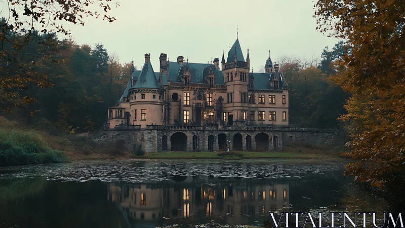Grand lakeside castle with warm lights in autumn forest.