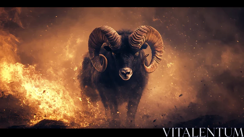 Inferno-horned ram strides through storming embers unbroken.