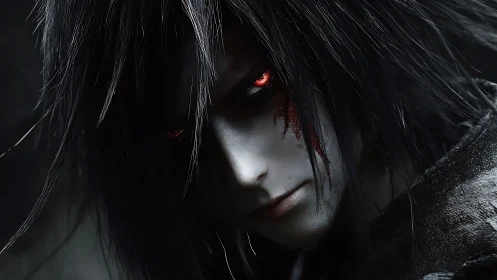 Pale character with glowing red eyes stares in close-up