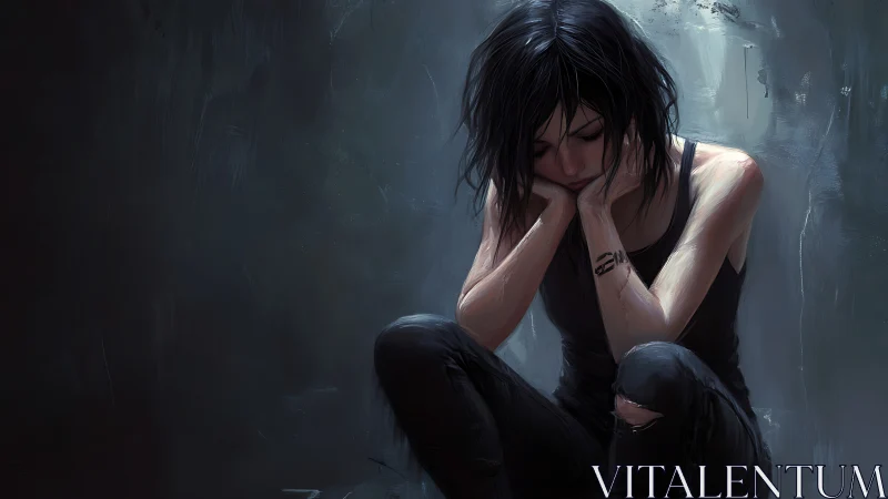 Quiet moment of reflection with a solitary dark haired girl.