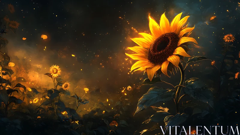 Digital rendering shows illuminated sunflower in dark field