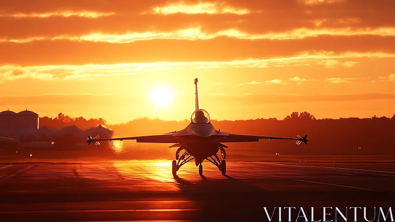 Fighter jet silhouette on runway under intense orange sunset.