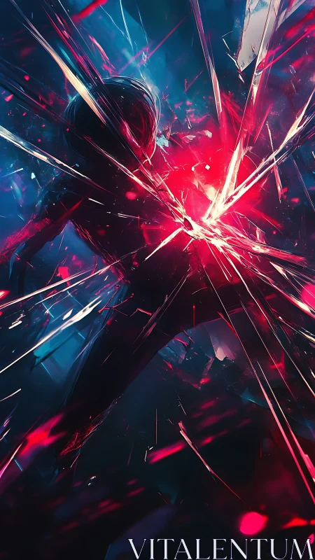 Silhouetted figure fractures neon glass in dynamic radial explosion