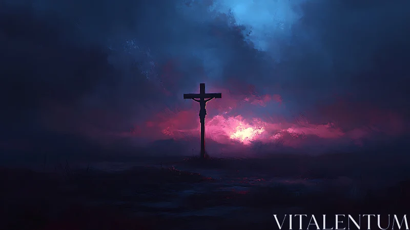 Crimson storm horizon crowns a lone crucifix silhouette.