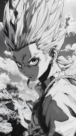 Monochrome anime warrior rendered with high-contrast linework