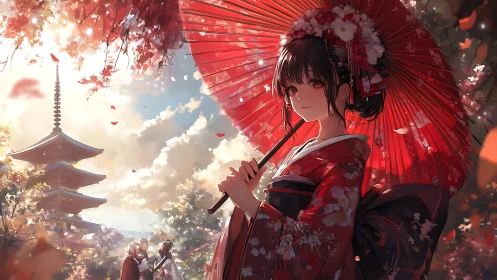 Gentle autumn shrine walk celebrates a girl in red kimono