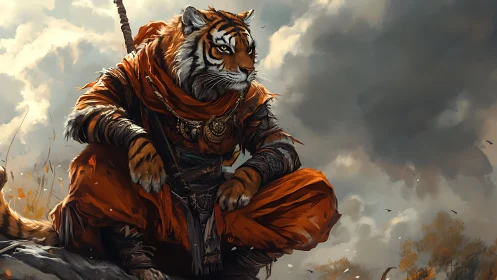 Tiger warrior crouches in storm-lit battlefield silence.