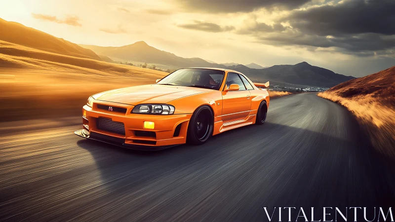 Orange sports coupe racing on mountain highway at sunset.