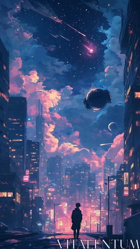 Neon cityscape under cosmic sky with lone silhouetted figure.