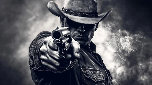 Brooding cowboy levels his pistol with intense, smoky focus