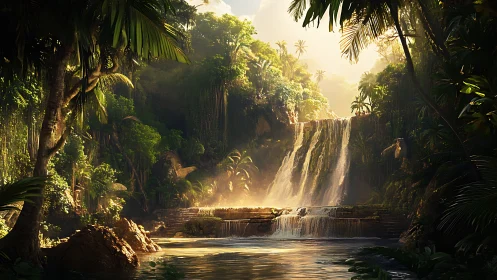Sunlit jungle waterfall amid dense tropical foliage.