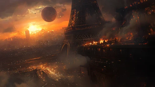 Burning Eiffel Tower in apocalyptic sci fi Paris skyline.