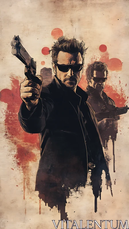 Gunman in dark coat aims pistol against bloodstained backdrop