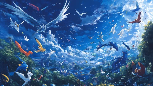 Legendary sky creatures swirling above lush valleys.
