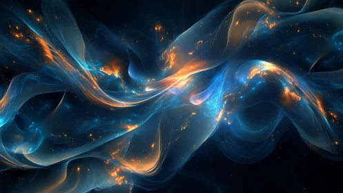 Flowing blue and orange abstract energy waves artwork.