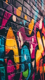 Color-splashed urban graffiti glows on textured brick wall.