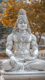 Stone statue of seated deity in detailed meditative pose