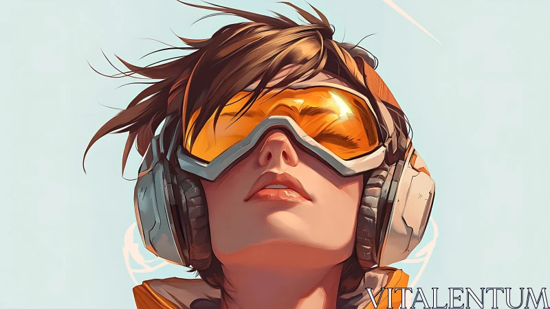 Futuristic female pilot in orange visor rendered as digital portrait