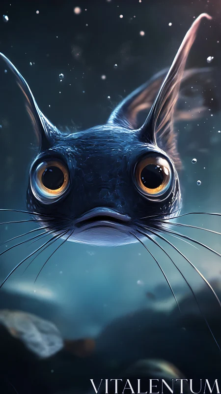 Wide eyed catfish sprite hovers in a dreamy blue abyss.