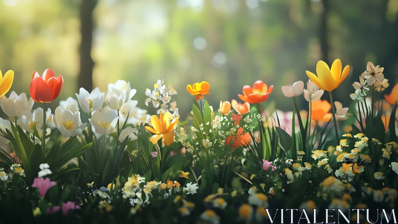 Spring flower garden with tulips and daisies in soft focus.