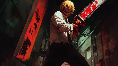 Chainsaw warrior stands fierce in a neon soaked alley