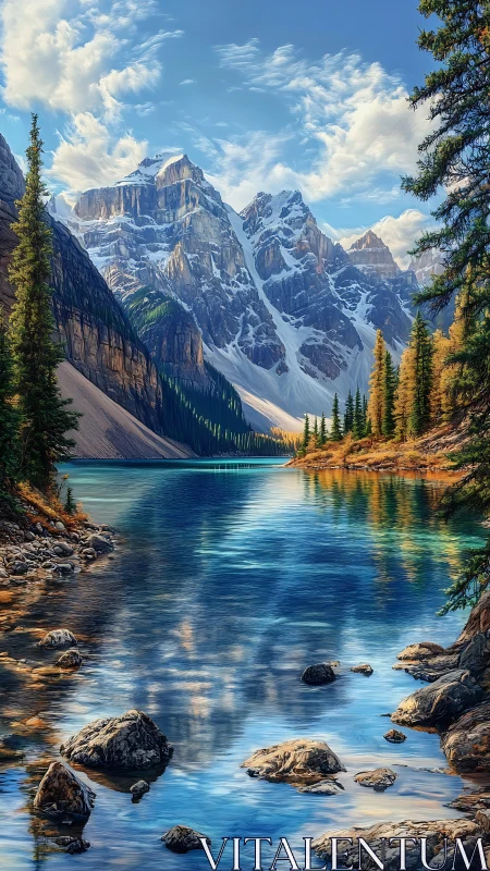 Glacial lake reflectance beneath stratified alpine escarpments.