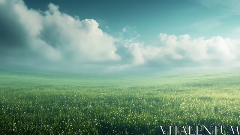 Wide-angle grassy plain under volumetric clouds and soft haze