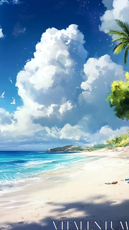 Pristine Tropical Beach Under Towering Cumulus Sky.