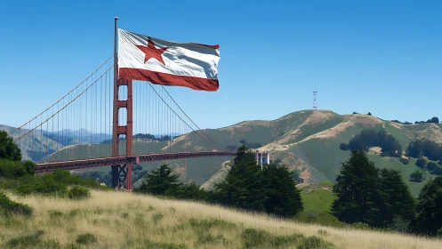 Large red-star flag dominates suspension bridge landscape scene