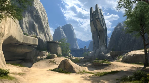 Monolithic sci-fi tower rises over sunlit desert canyon.