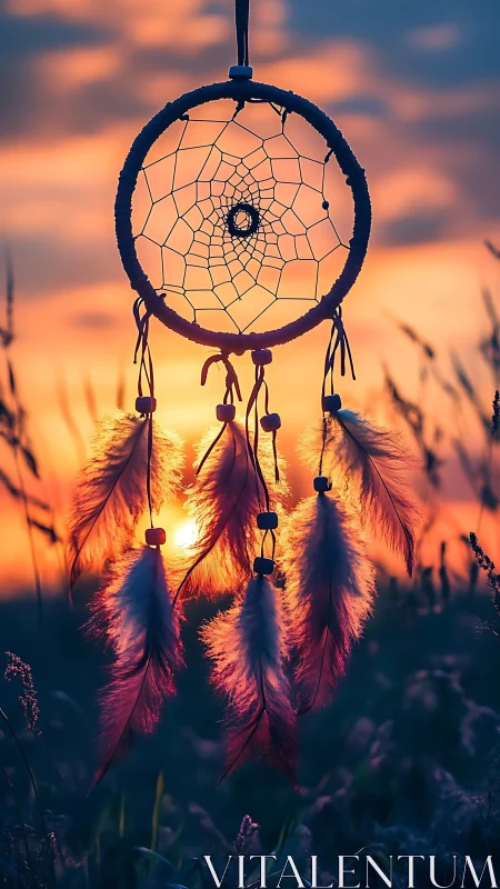 Sunset dreamcatcher cradles ember light in drifting feathers