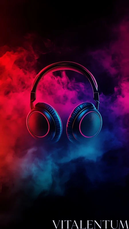 Glowing neon headphones floating in dreamy colorful smoke.