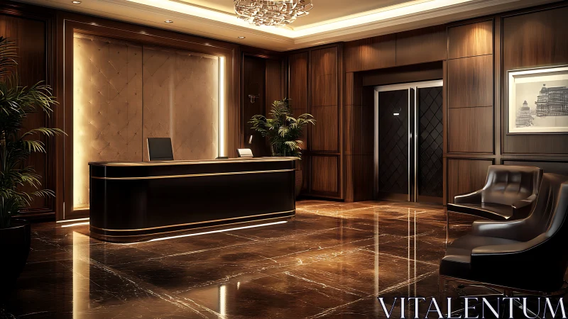 Luxurious hotel reception with high-gloss marble finishes.