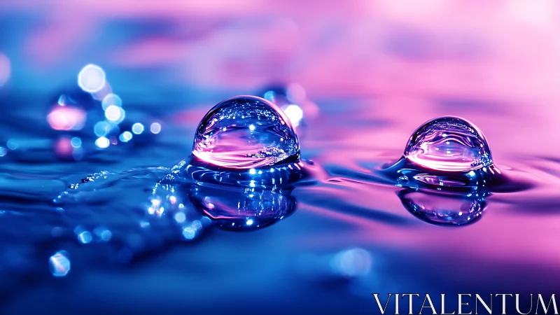 Iridescent water droplets under neon cyan and magenta light.