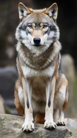 Photorealistic wolf portrait with centralized frontal composition.