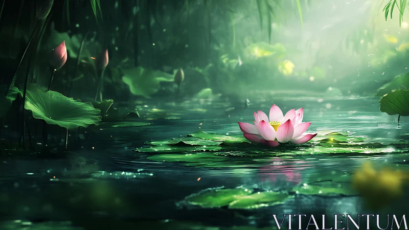 Diffuse-lit lotus bloom on reflective forest pond surface