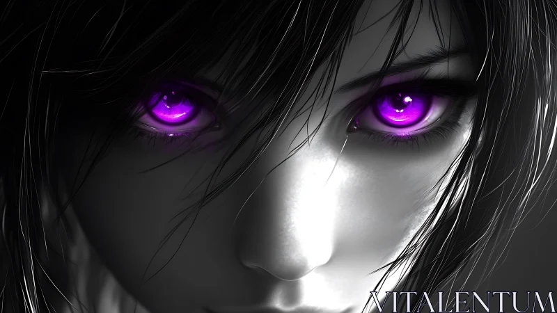 Anime portrait with glowing violet eyes in grayscale focus.
