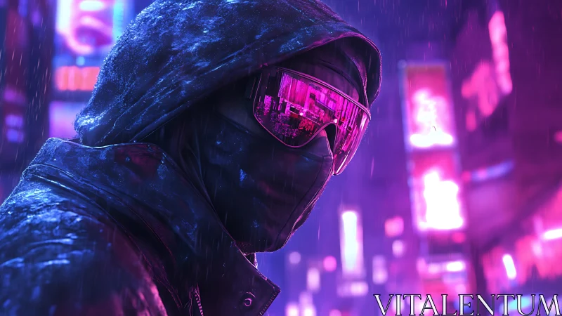 Hooded cyber-operative in neon-saturated rainy streetscape.