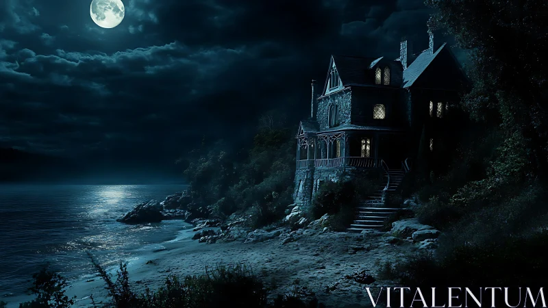 Moonlit cliffside manor brooding over a restless silver sea.