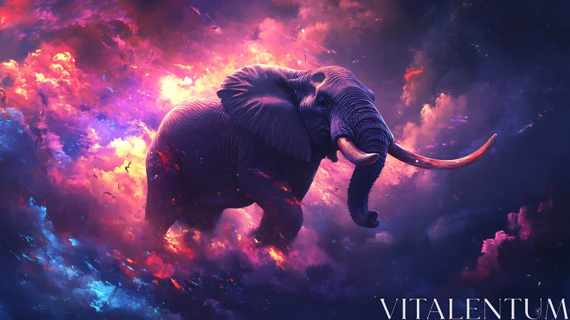 Celestial elephant strides boldly through nebula fireclouds