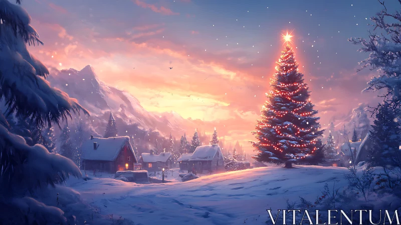 Glowing Christmas tree welcomes a peaceful snowy mountain village
