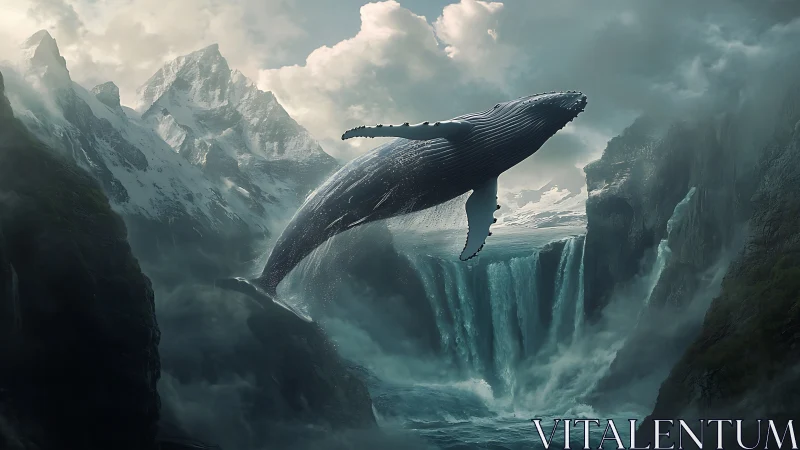 Surreal whale breaching above vast mountain waterfall.