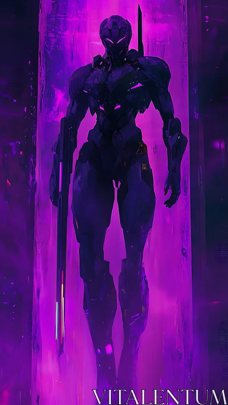 Neon-armored cybernetic sentinel in violet stasis field.