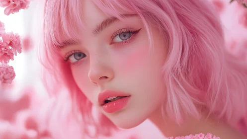 Pink-haired subject portrait in monochromatic floral setting.