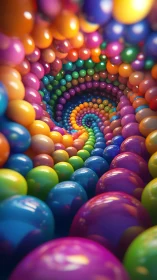 Helical tunnel of glossy multicolor spheres in deep perspective