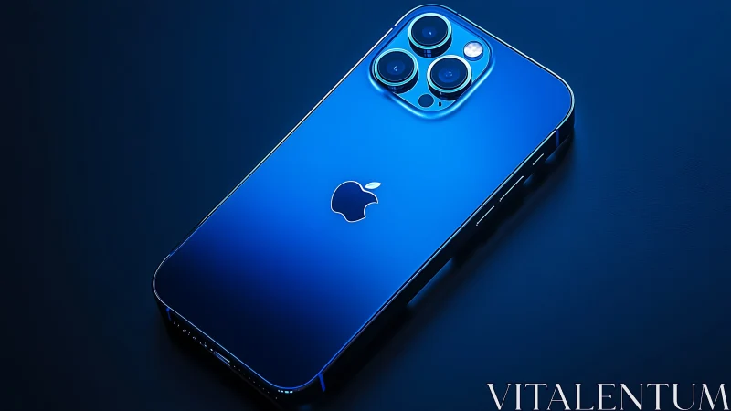 Blue iPhone 13 Pro smartphone photographed at angle against dark background.