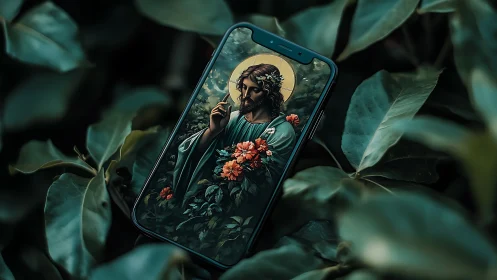 Sacred portrait glows on smartphone altar in deep foliage.